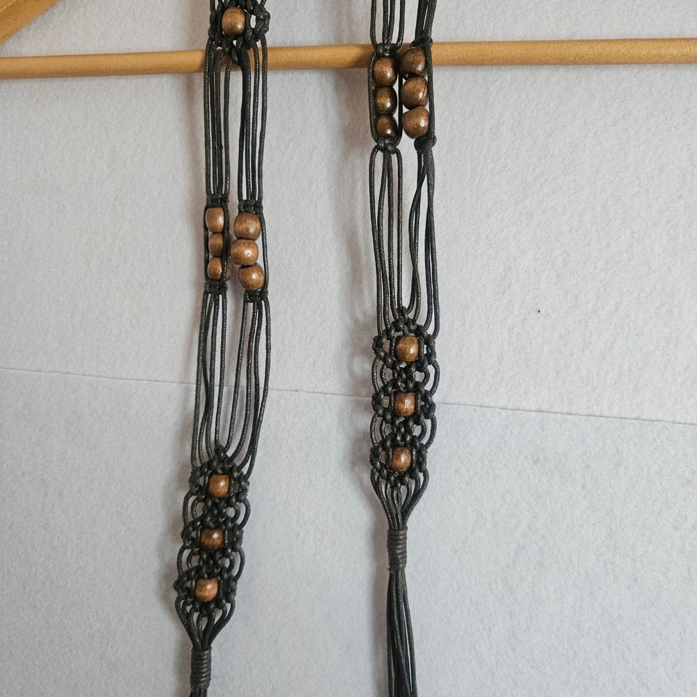 Vtg Boho Macrame‎ Tie Belt Brown Cord Wooden Beads Hippie Festival Tassel 60in